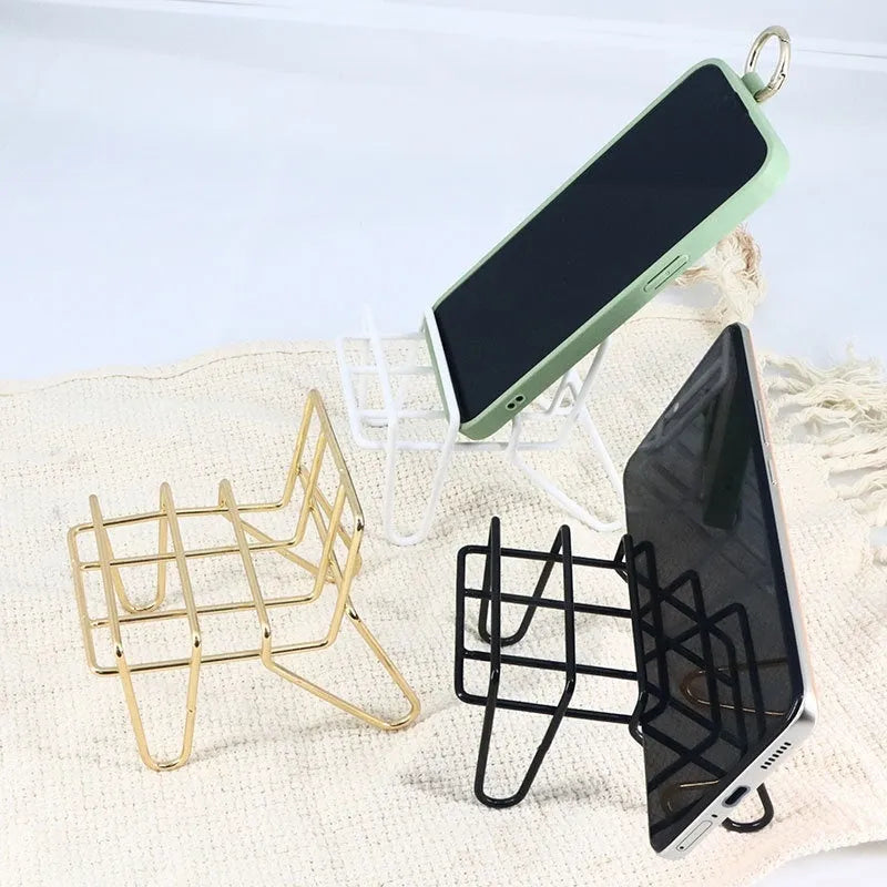 Wrought iron desktop mobile phone bracket in black, white, or gold with simple, checkered, grid, or squares support