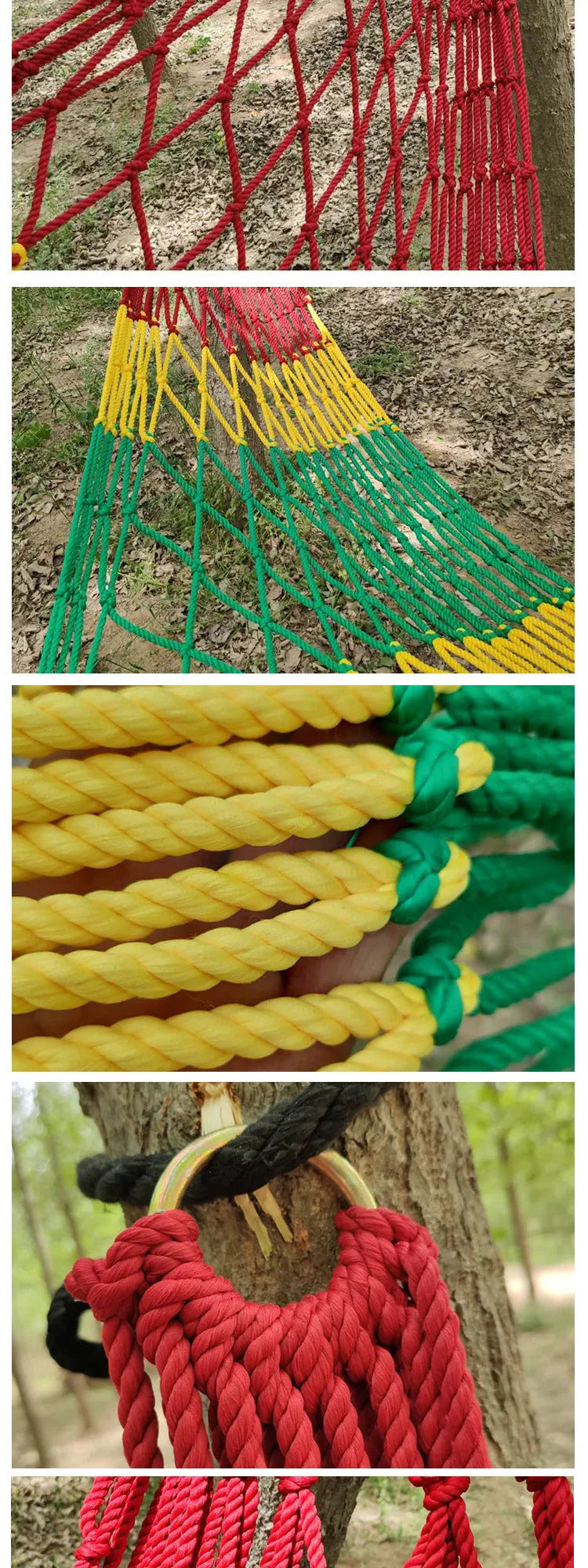 Outdoor nylon rope mesh hammock hung between two trees, showing its 1.1m width and included tying rope.