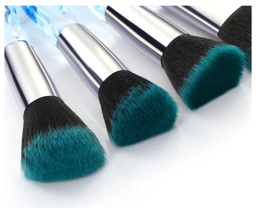 10 crystal handle foundation brushes with synthetic fibre bristles in black blue red yellow colours