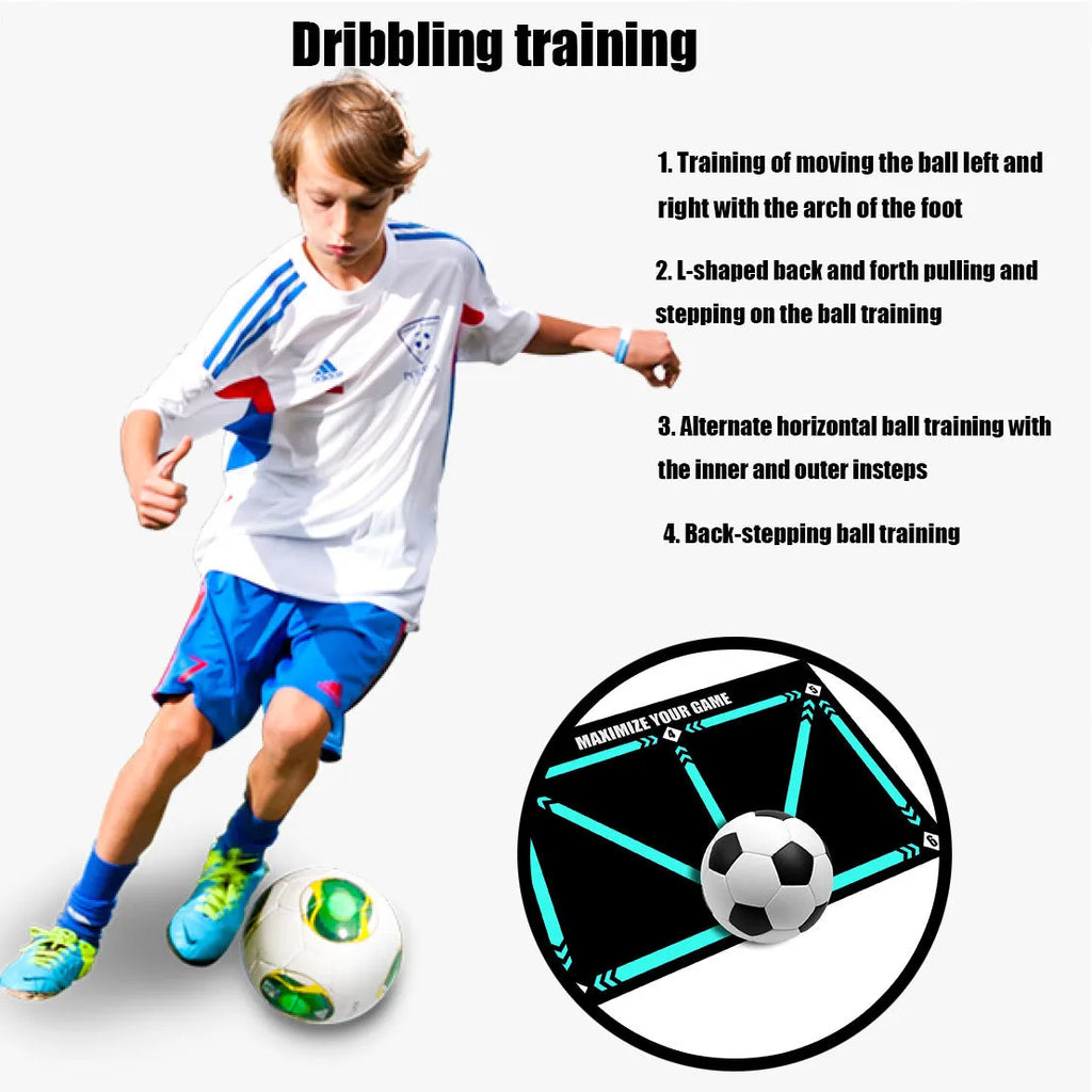 Black rectangular football training mat measuring 60cm by 90cm with a non-slip base for practice drills.