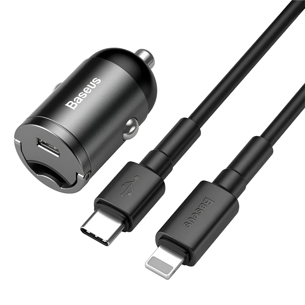 Baseus electro-optical grey 30W PPS car charger with 1-metre USB cable