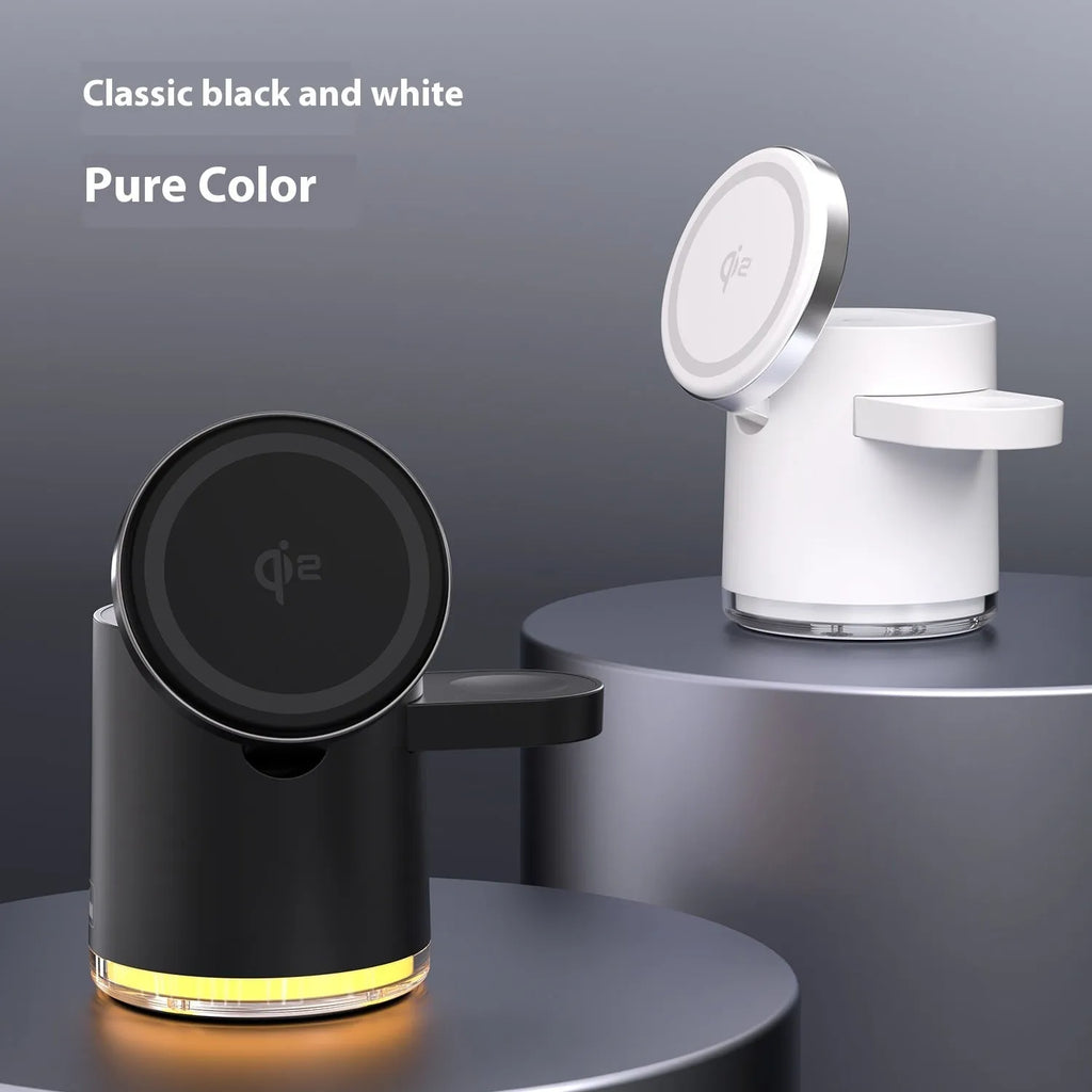 C16 Magnetic folding wireless charger in black, unfolded to show phone, watch and earbuds charging areas.