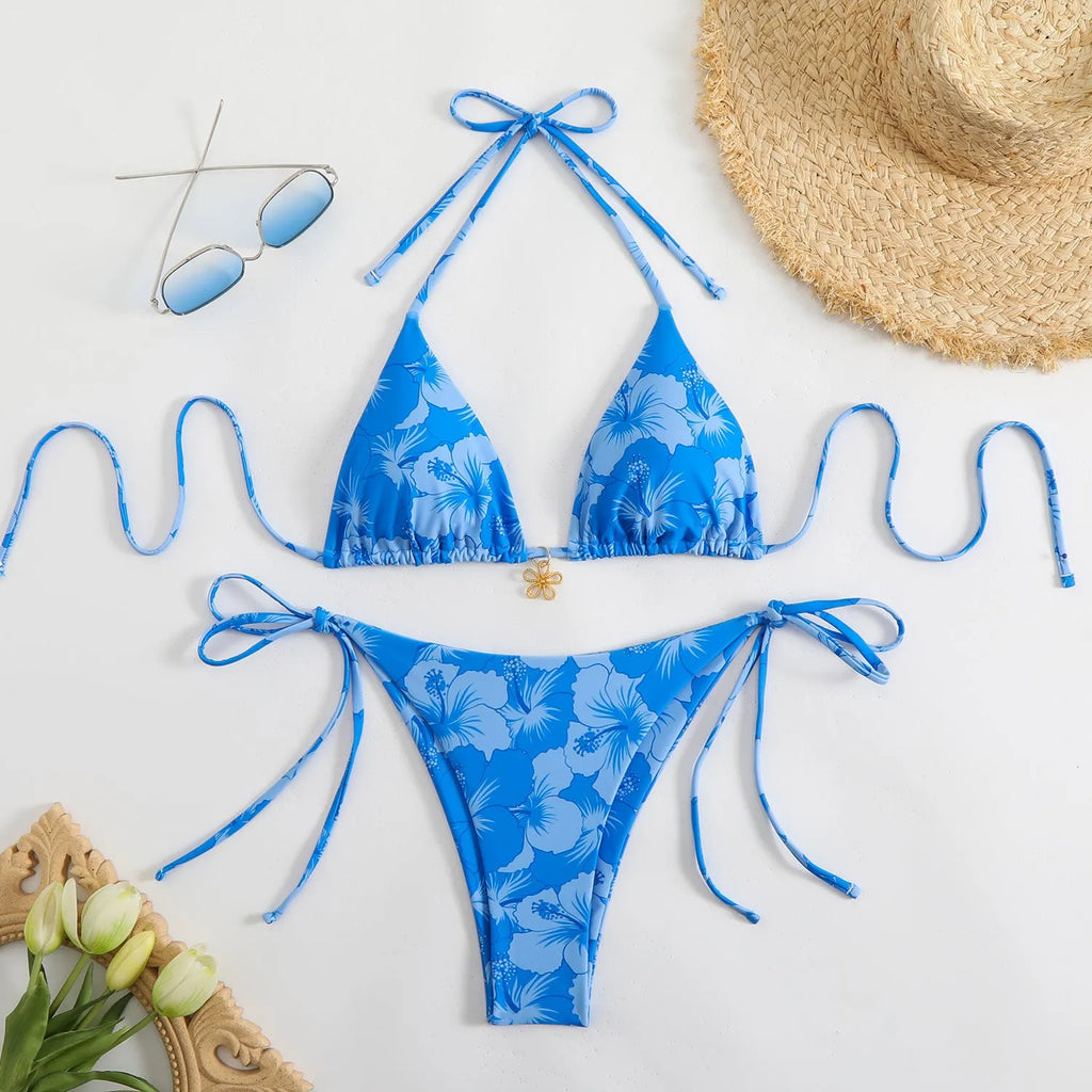 Double-sided bikini set with polo neck lace-up, high-waist briefs, backless design, polyester, in light blue