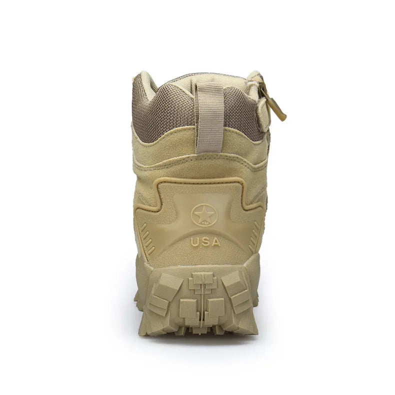 Black US Army Delta tactical boots with rubber sole on rocky outdoor terrain