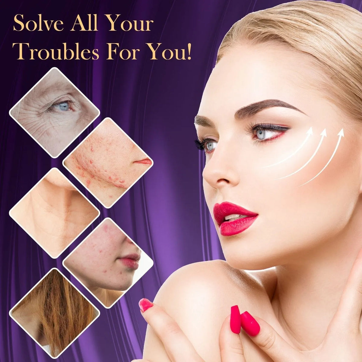 Purple eutic electrotherapy rod with six accessory heads for high-frequency beauty treatments
