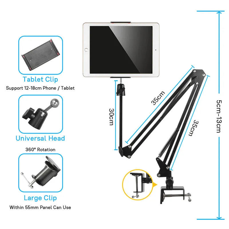35cm black lazy mobile phone holder made from carbon steel, aluminium alloy, and ABS for bedside use