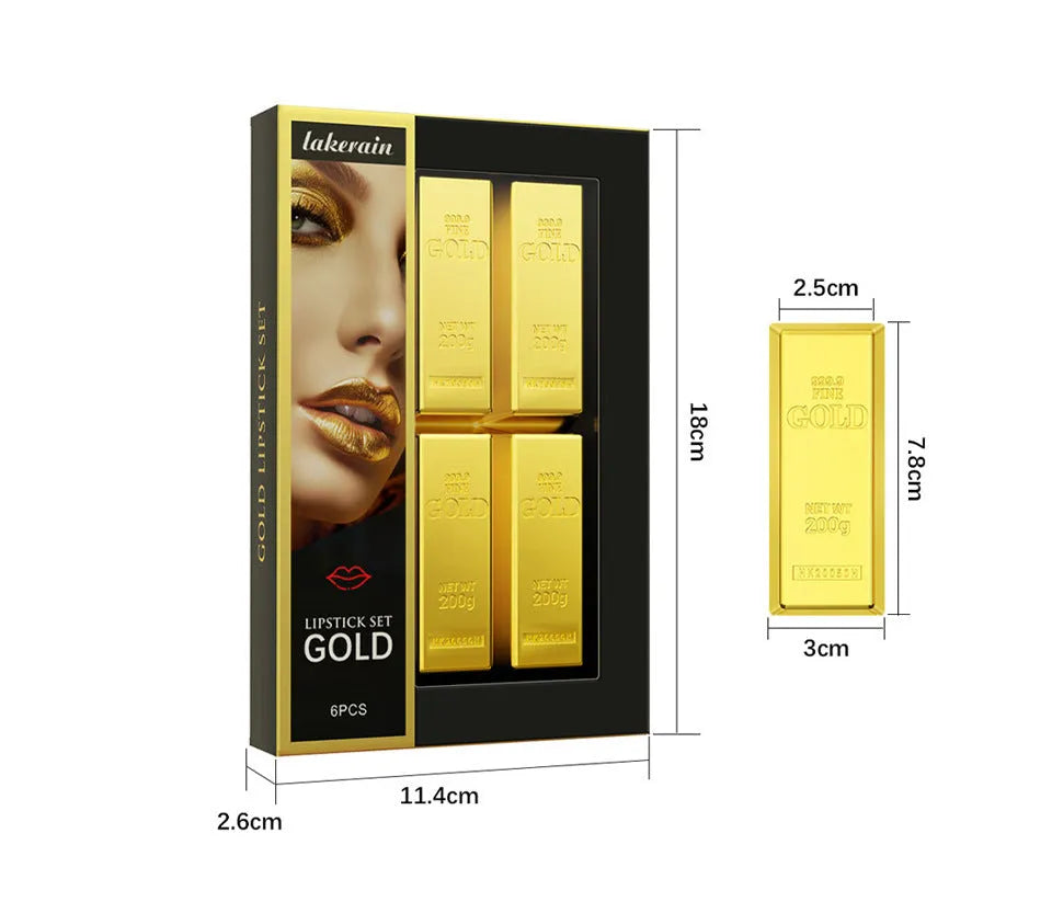Gold brick tube design lipstick kit with 6 colours and easy-to-colour formula