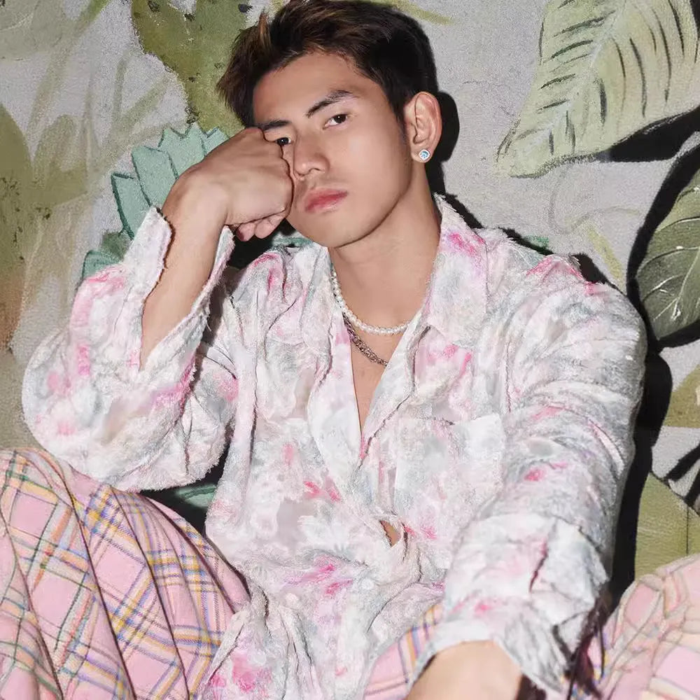 Men's pink floral long sleeve shirt with embossed three-dimensional pattern and loose fit design