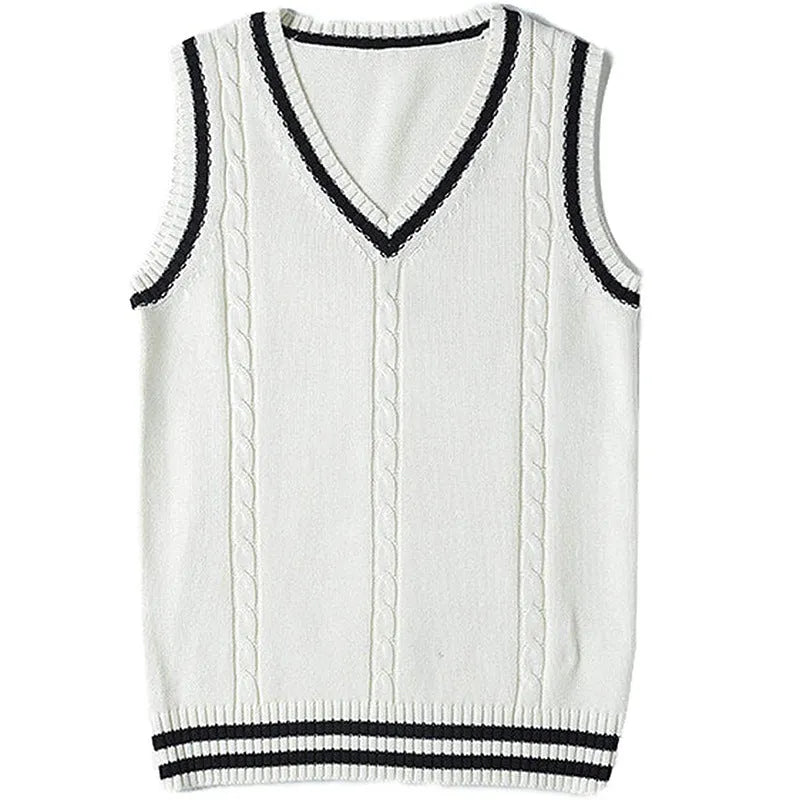 Women's v-neck waistcoat sweater with striped stitching in knitted acrylic fabric