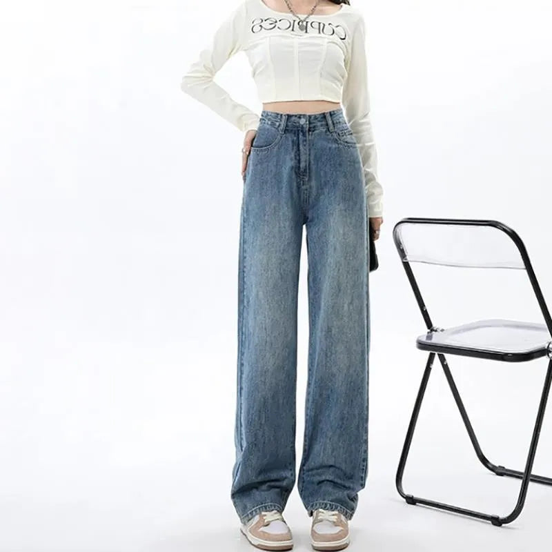 Retro blue women's wide leg jeans with high waist and straight cut design