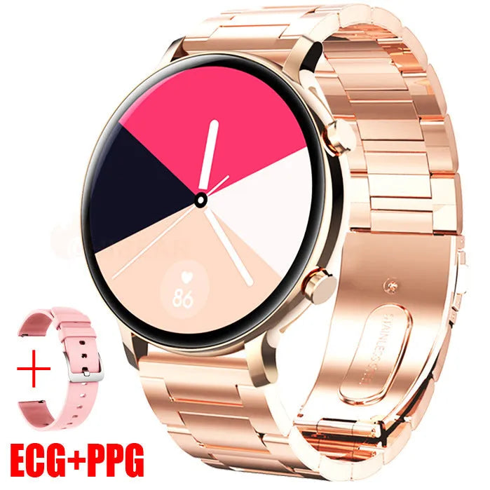 Bluetooth smartwatch with stainless steel strap on wrist, showing call and heart rate interface.