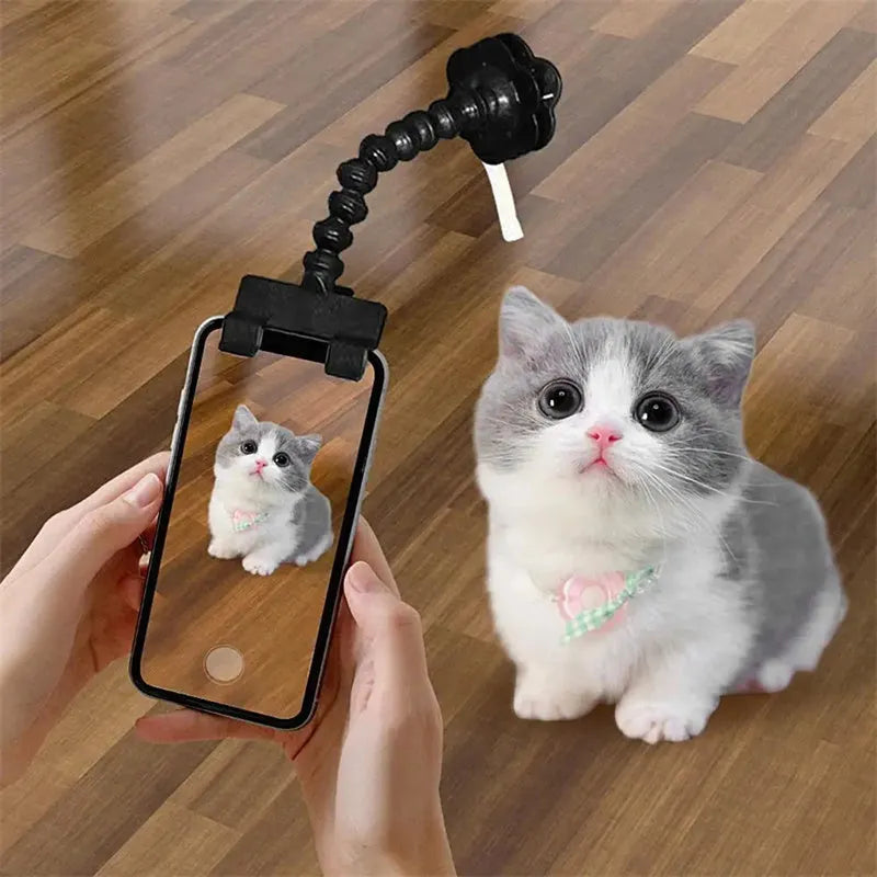 Black plastic pet photography mobile phone holder with treat clip and 360° rotation mechanism