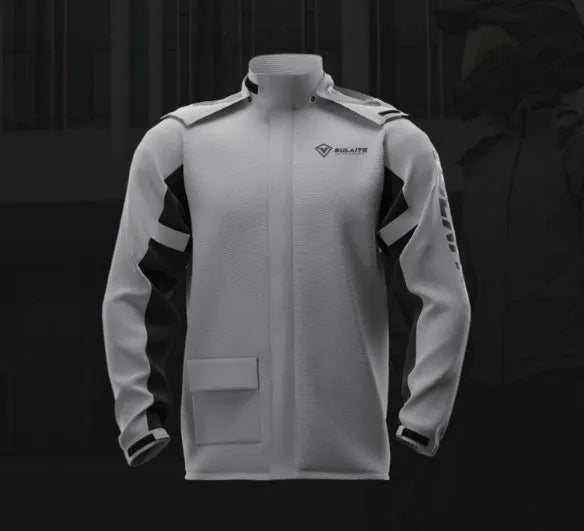 Motorcycle rain suit set including raincoat, rain pants, hidden shoe covers, and storage bag.