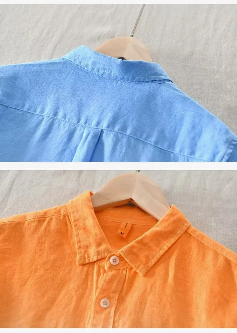 Men's casual loose top coat in polyester hemp blend fabric showing dark blue, light blue, and yellow colour options