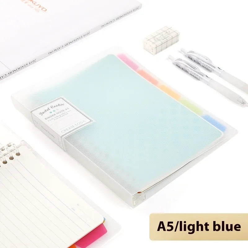 Refillable A5 and B5 spiral notebook with PP cover, shown in pastel cookie blue and plaid impression designs with loose-leaf paper.