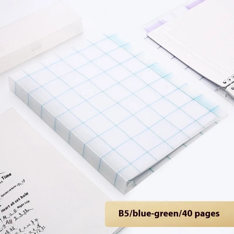 Refillable A5 and B5 spiral notebook with PP cover, shown in pastel cookie blue and plaid impression designs with loose-leaf paper.