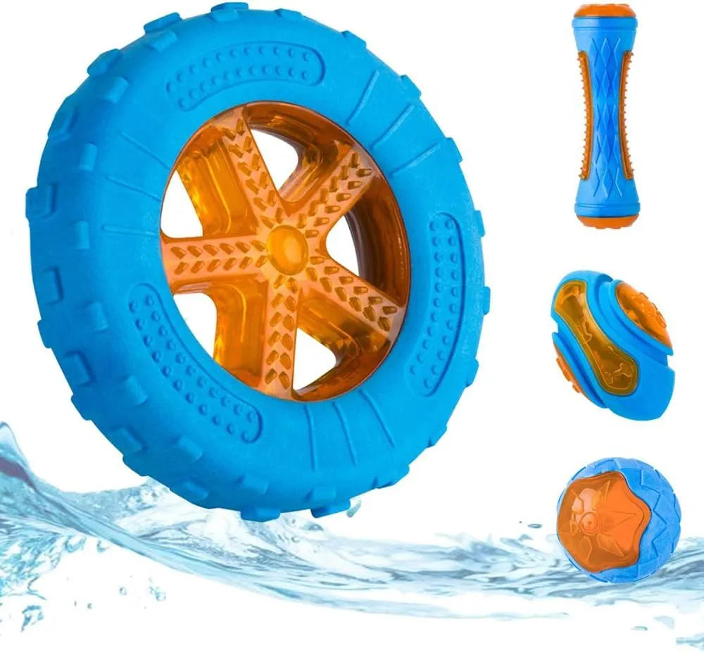 TPR squeaky dog toy set with ball, tires, and barbell floating in water