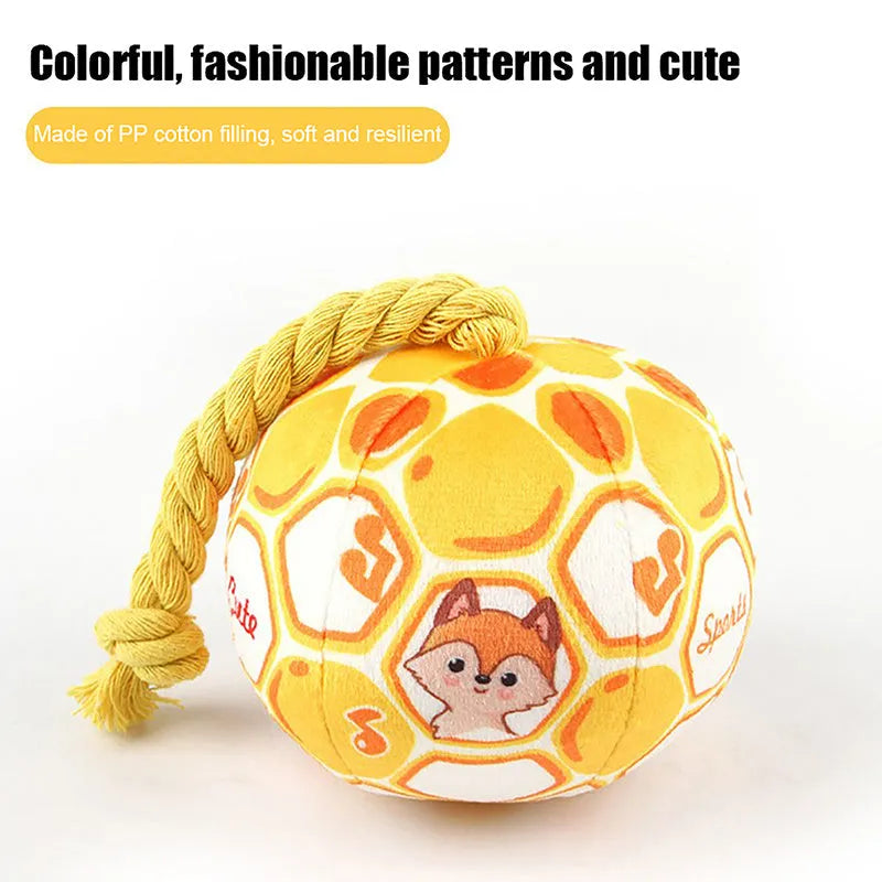 Blue and yellow dog football tug toy with cotton rope ball and cartoon face design