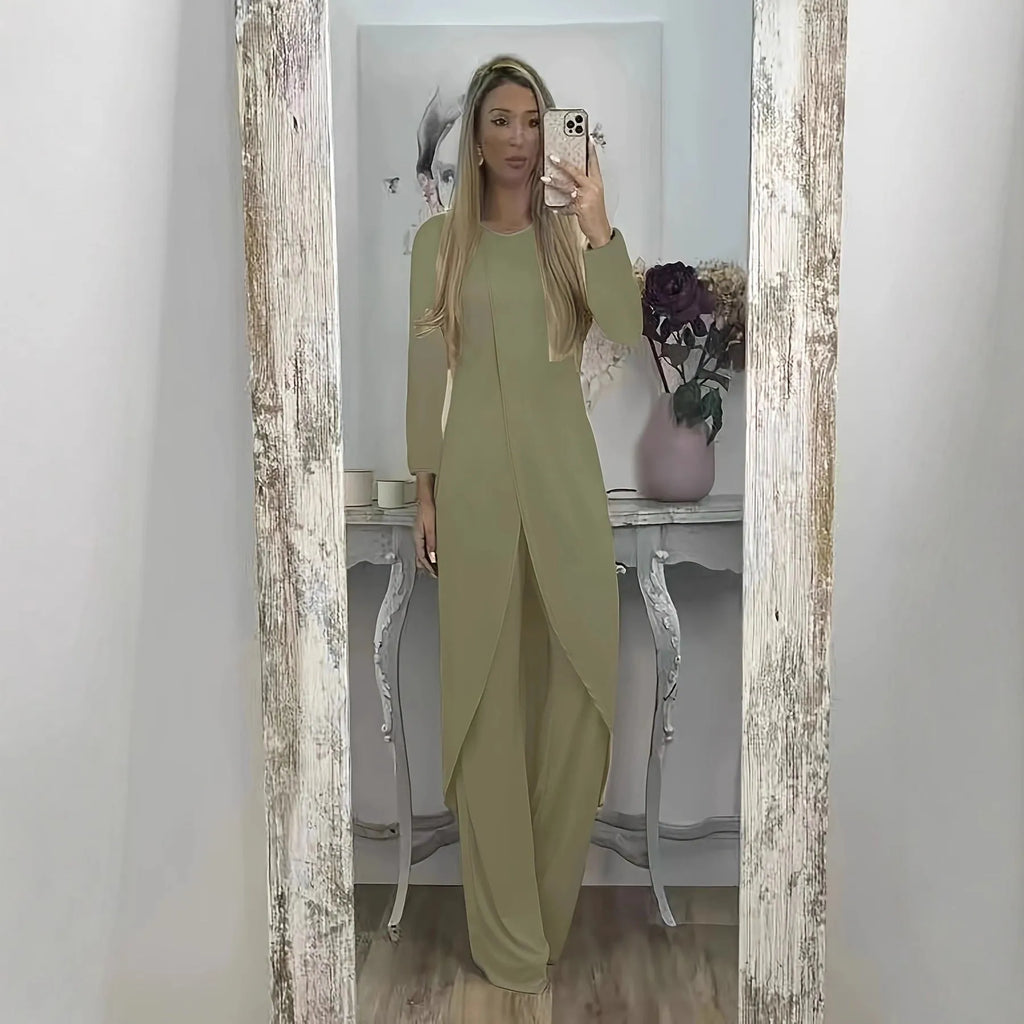 Long sleeve two-piece lounge set in black, blue, or khaki with loose round neck shirt and matching trousers