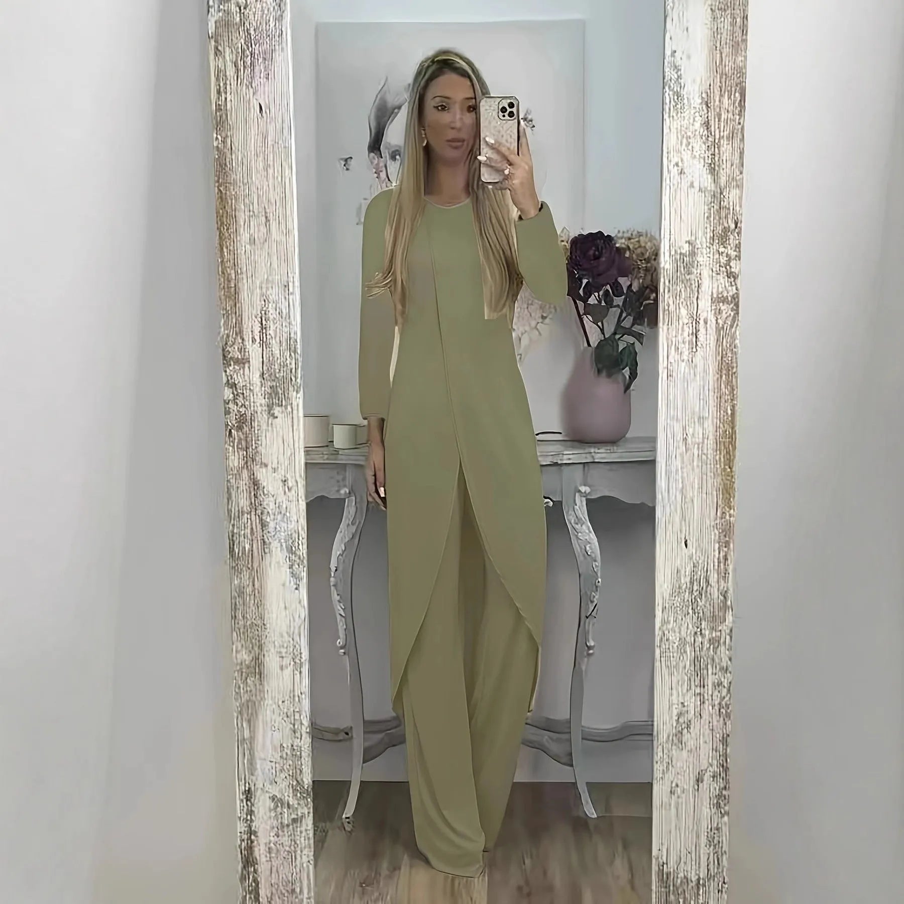 Long sleeve two-piece lounge set in black, blue, or khaki with loose round neck shirt and matching trousers