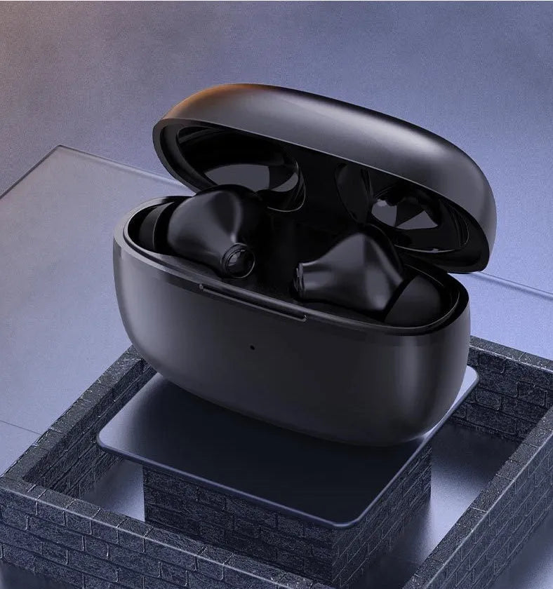 Black and white wireless in-ear stereo headset with Bluetooth 5.0, 15m range, call function, and voice control