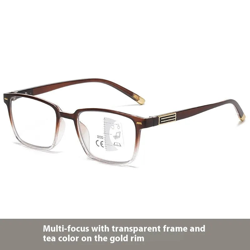 Anti blue light multifocal reading glasses with colour changing lenses in various frame colours