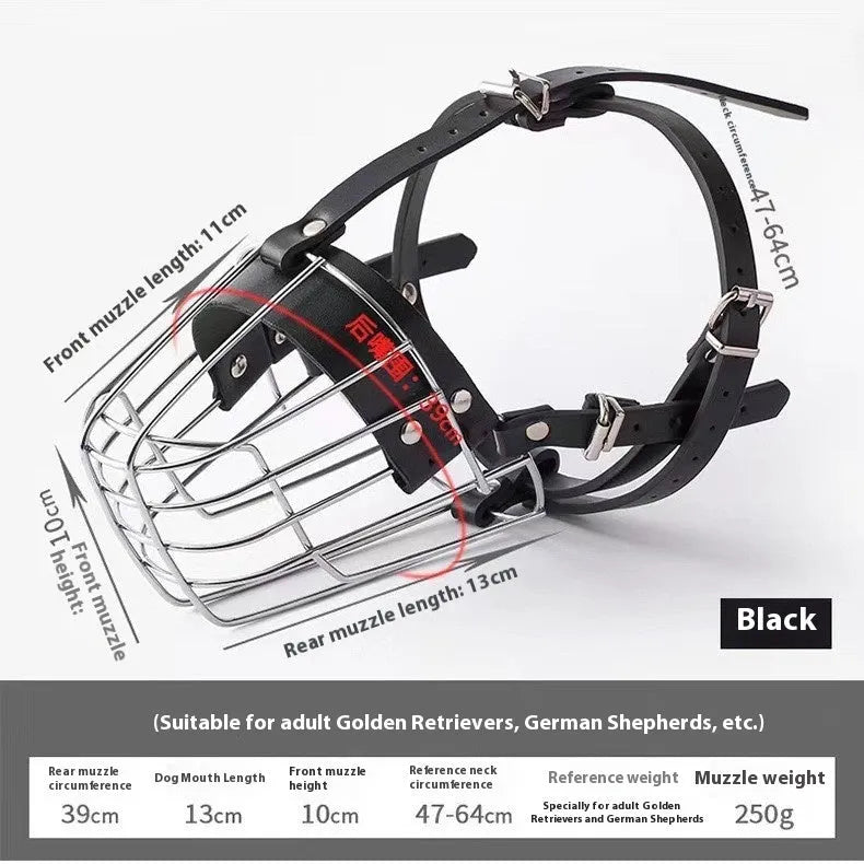 Black metal wire basket muzzle for a golden retriever or German shepherd dog.