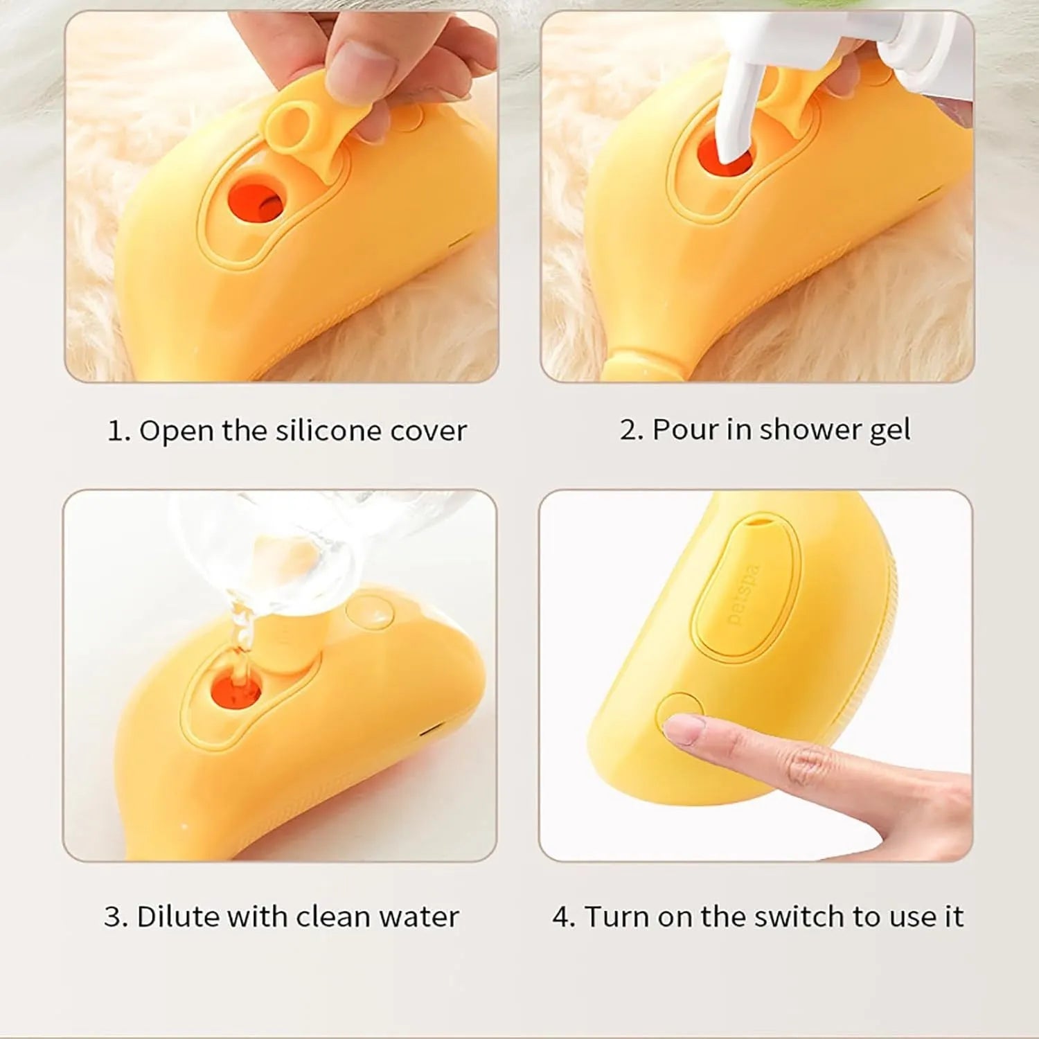 Green rechargeable cat steam brush with cat paw design showing detangling teeth and massage functions