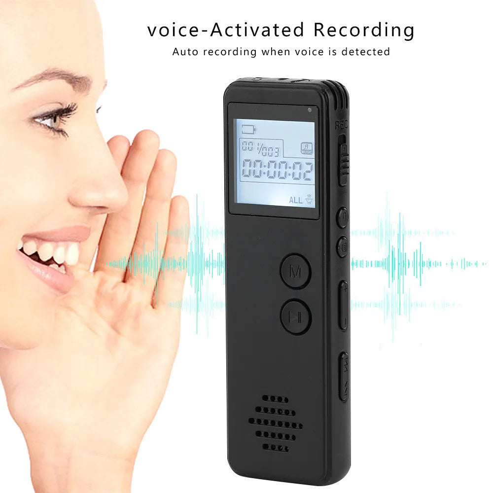 Black MP3 digital voice recorder with display screen showing recording time