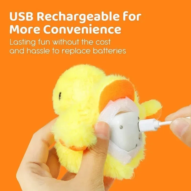 Yellow flapping duck cat toy with USB charging cable on a white background.