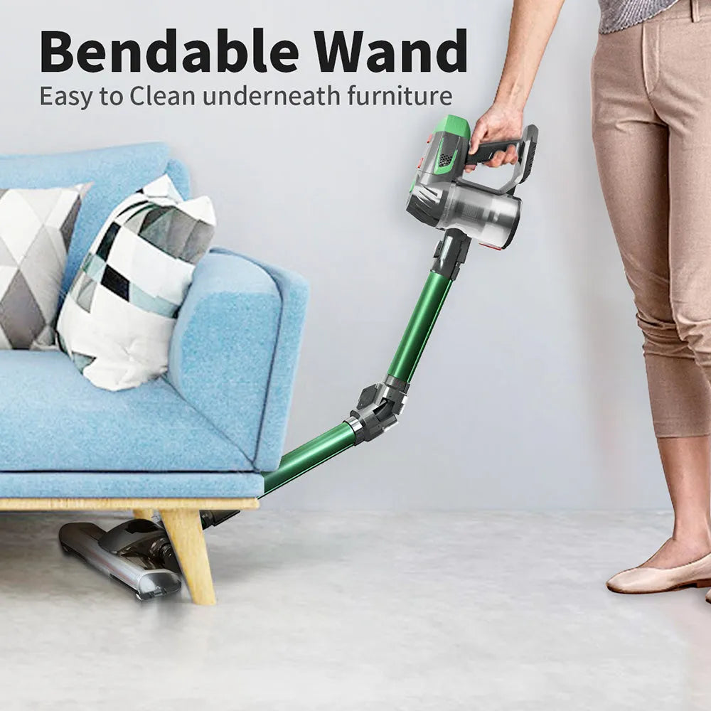 Green handheld wireless vacuum cleaner with foldable tube, LED light, 0.5L dust cup and HEPA filter for car and home