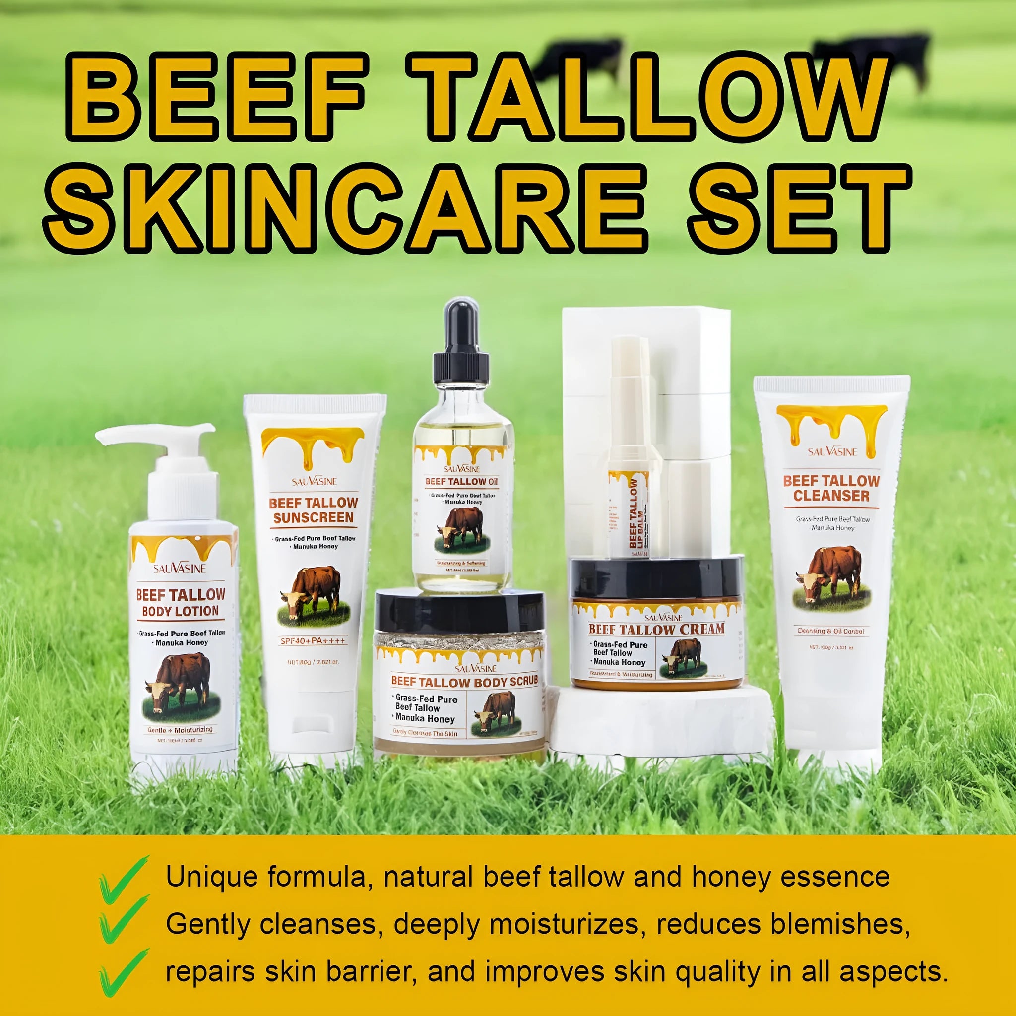 Butter Honey seven-piece facial skincare set with cleanser, cream, lipstick, lotion, scrub, and balm.