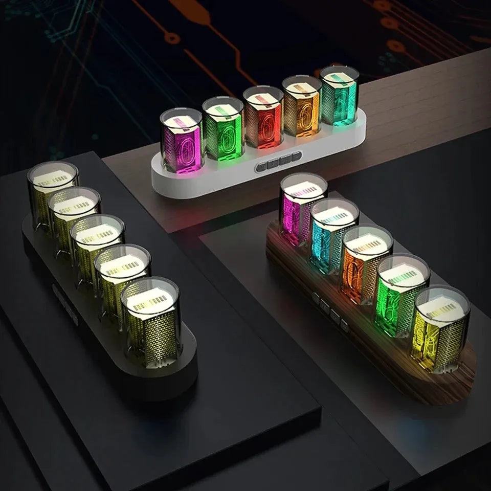 RGB Luminotron LED digital desk clock showing time display with colourful lighting effects