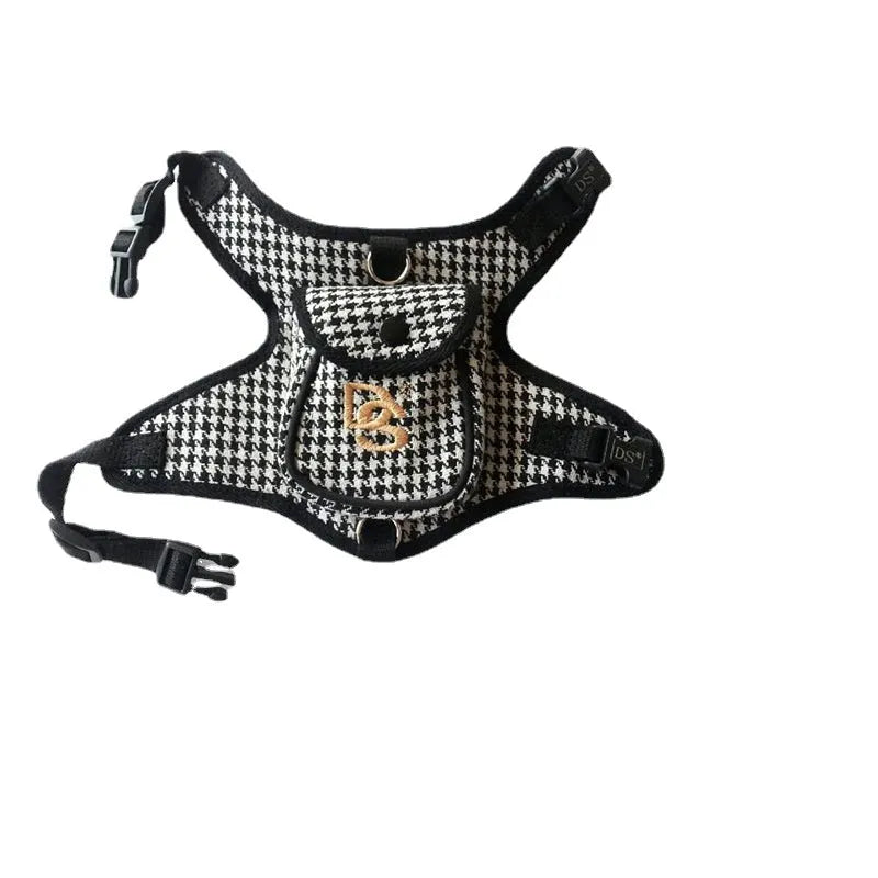 Black houndstooth cotton dog vest with strap and lead, sizes S to XL