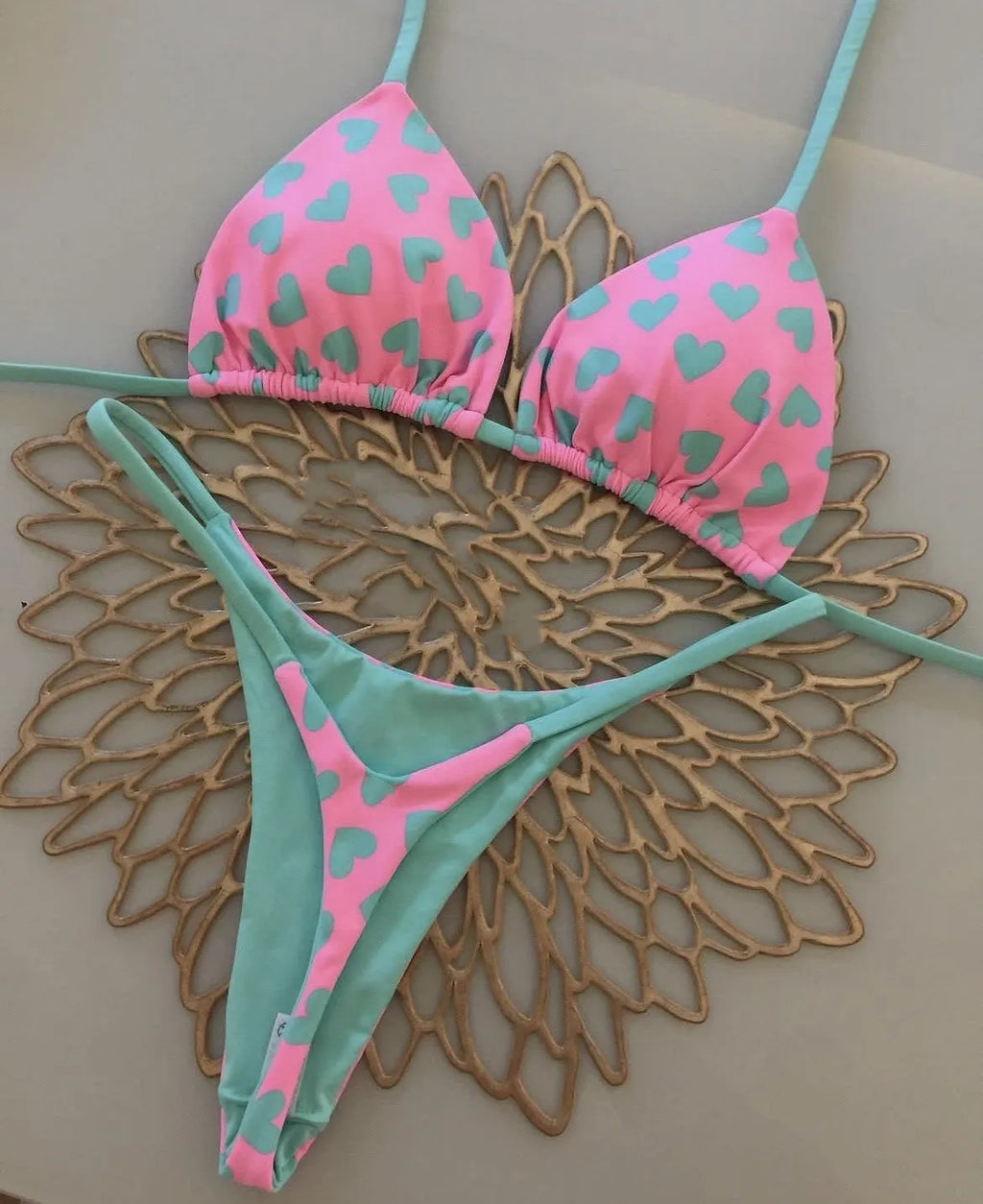 Heart print backless two-piece swimsuit in brief style