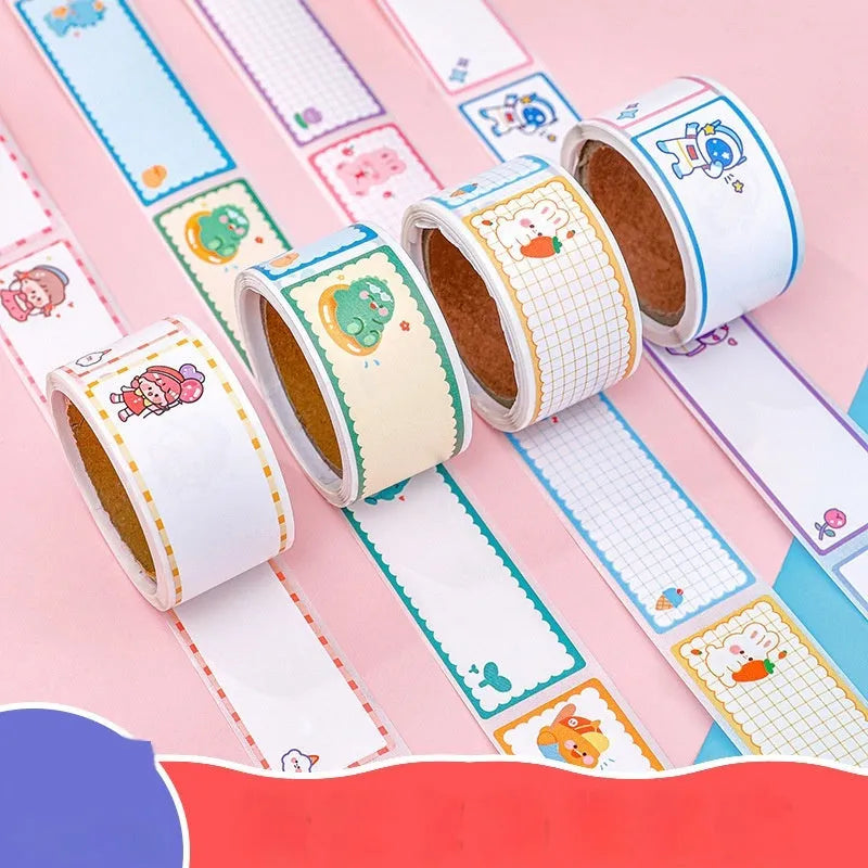 Roll of colourful cartoon stickers showing Dinosaur, Astronaut, Rabbit, and Girl design options