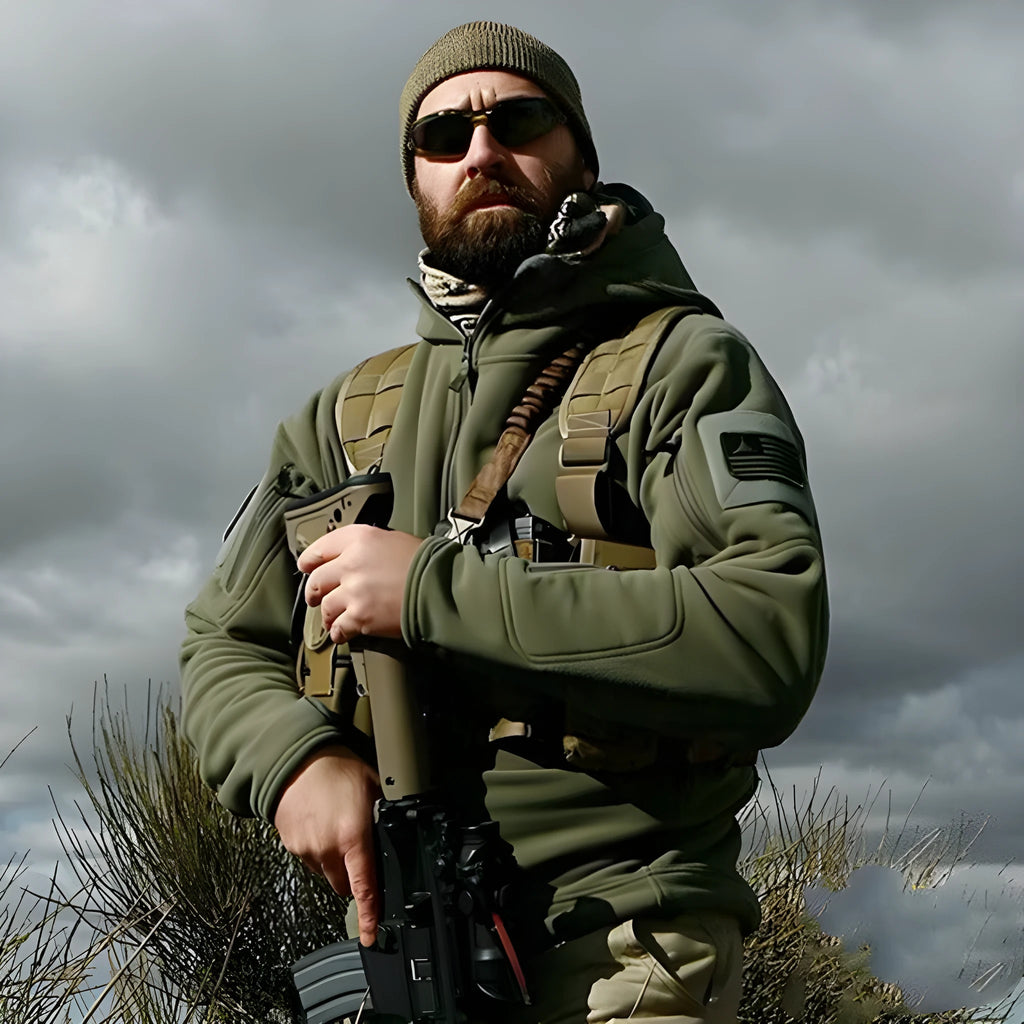 Men's military tactical hooded soft shell jacket in polyester cotton, Army Green, sizes S to 2XL