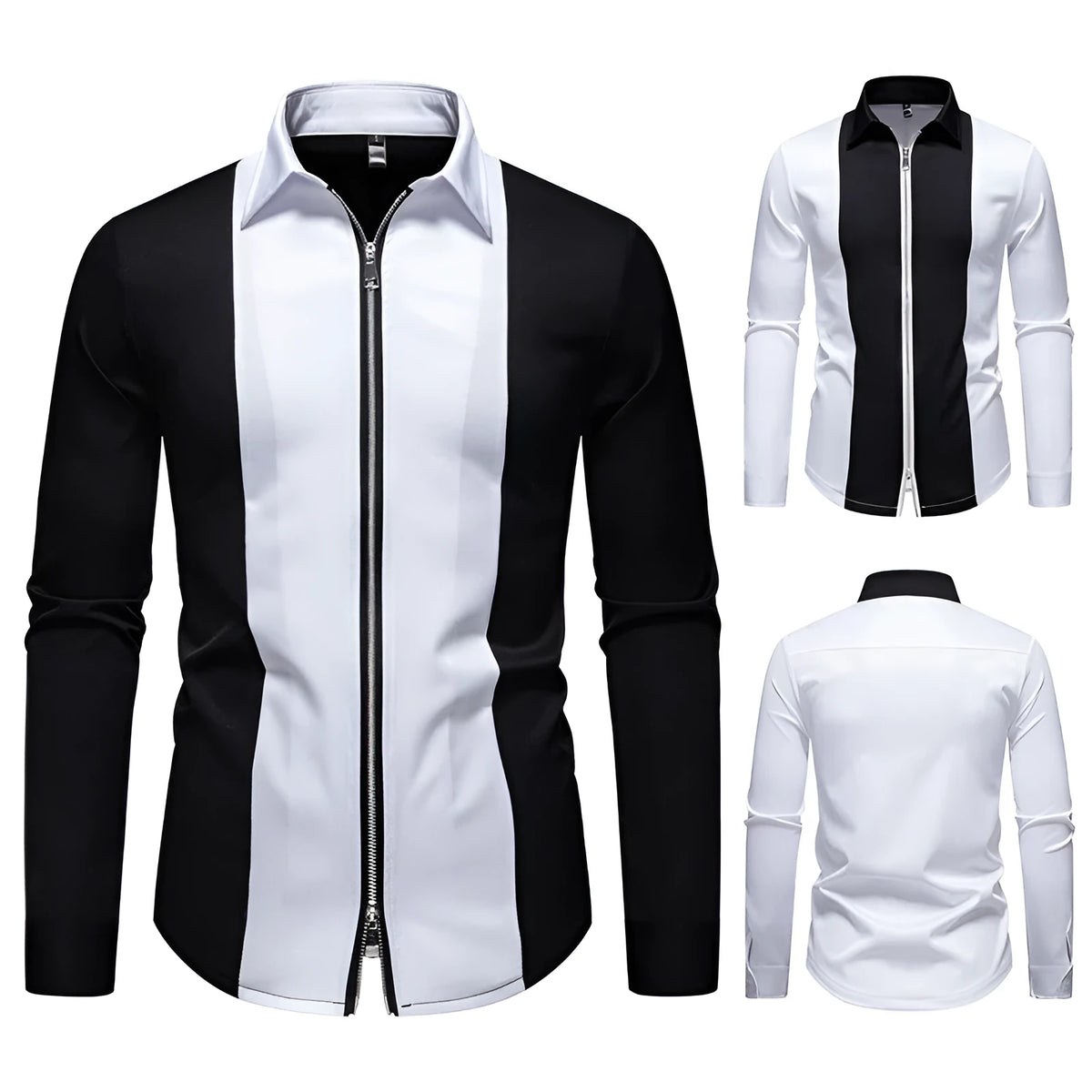 Plus size long sleeve shirt with colour block zipper design in black or white, loose fit, sizes S-XXL