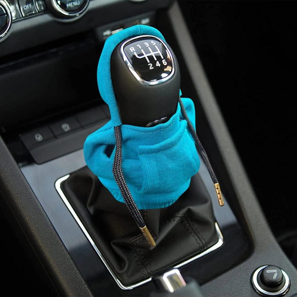 Cloth car gear shift knob hoodie cover in multiple colours for manual or automatic vehicles.