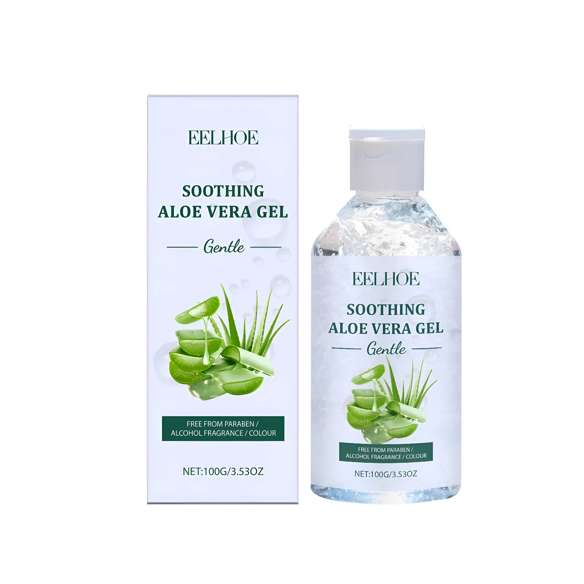 A 100g tube of clear aloe vera gel for face and body skincare.