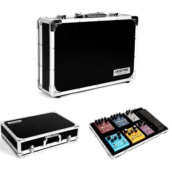 Hard-shell black flight case for a TEC8 trumpet style box guitar effects unit.