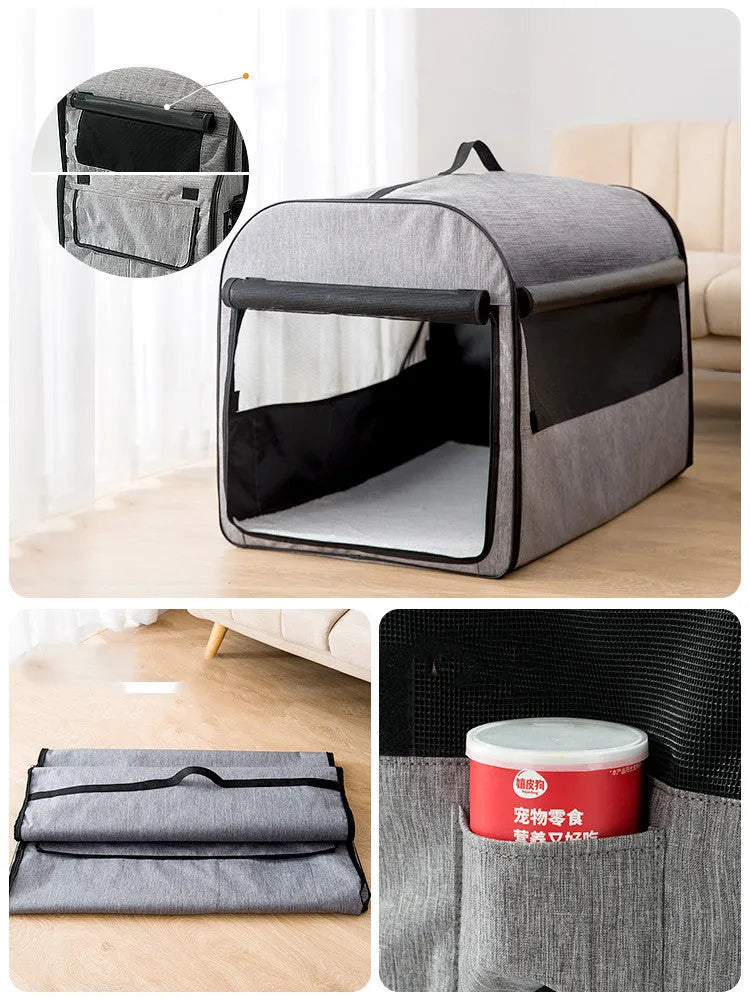 Portable grey dog cage house with Oxford fabric and mesh ventilation on a car seat