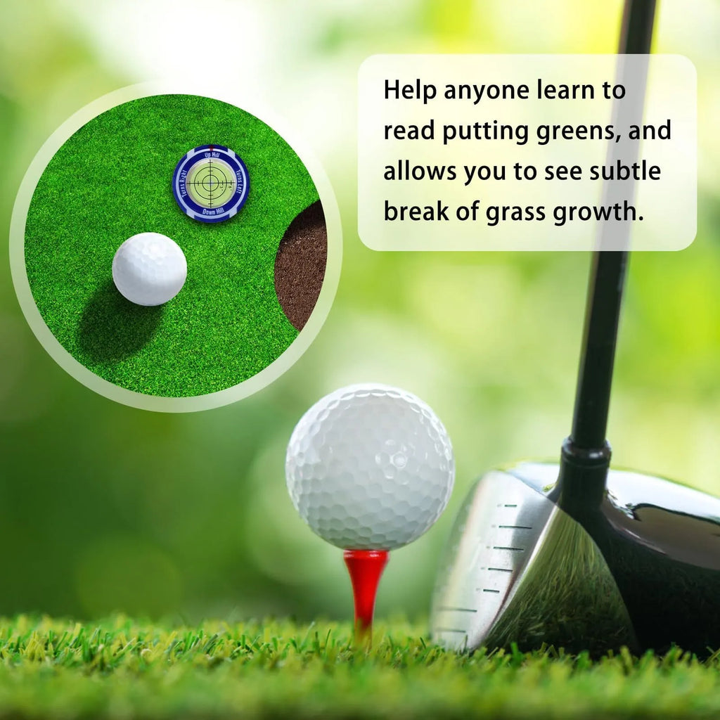 Golf level hat clip with green water display attached to golf hat brim