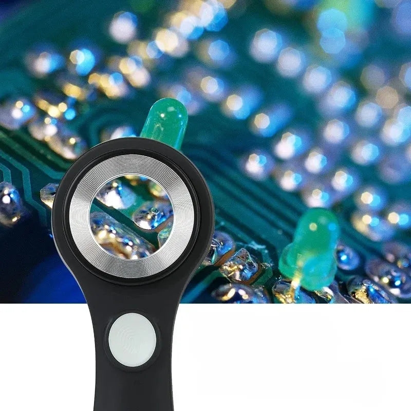Black and silver USB-C rechargeable magnifying glass for jewellery and collectable appraisal.