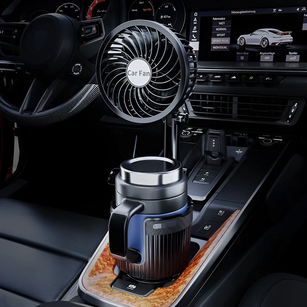 Car water cup holder fan in ABS, available in 4-inch and 6-inch sizes with 12V, 24V or 5V USB plug
