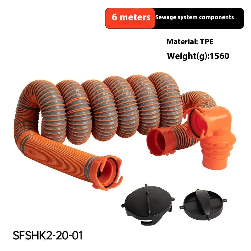 Brown 90-degree rotary elbow joint for sewage hose connected to a long polypropylene pipe.