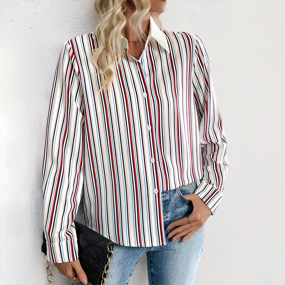 Wine red striped lapel shirt for women with long sleeves and loose fit, full elastic force fabric