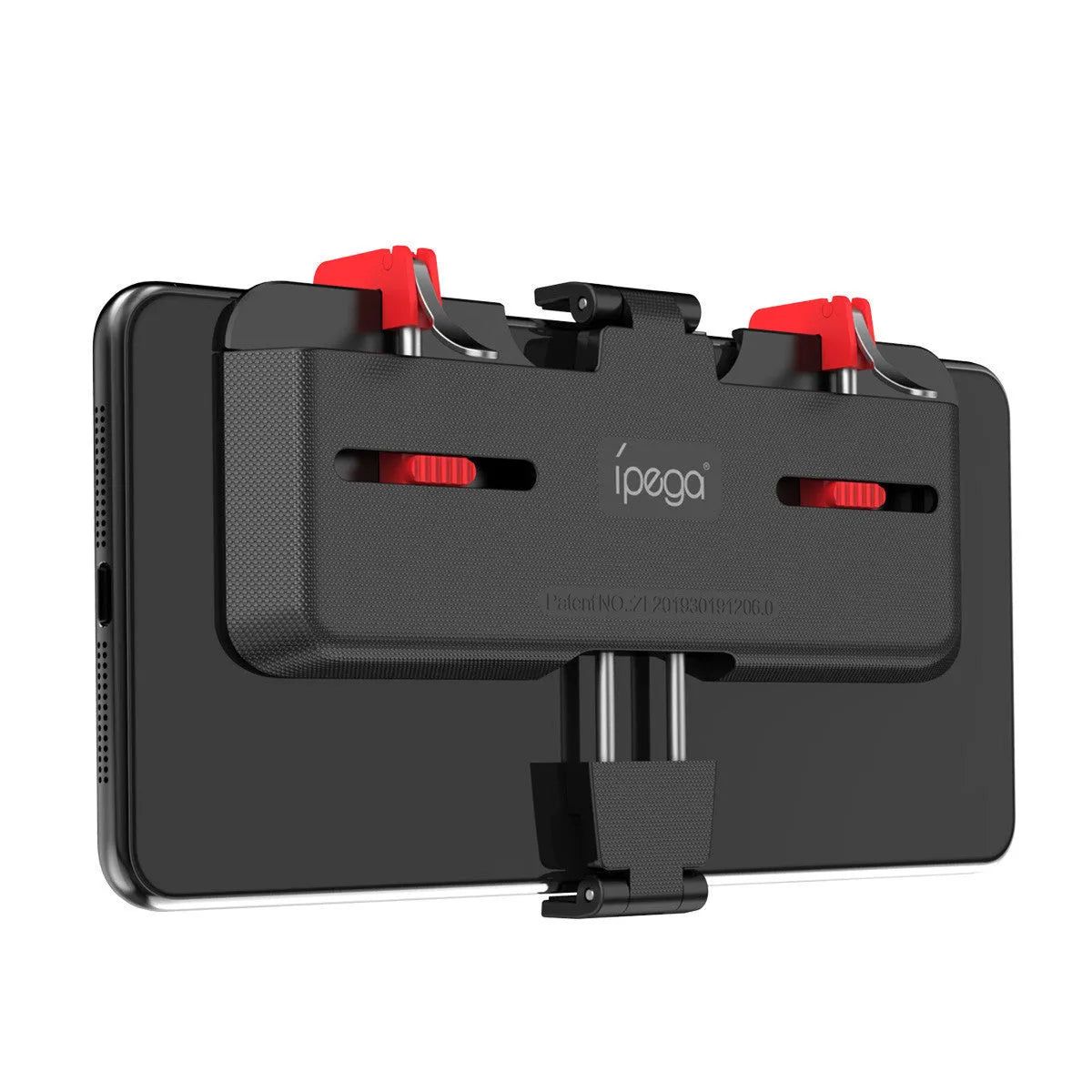 Black mobile phone gaming bracket with a magnetic trigger handle extended, showing adjustable phone clamp.