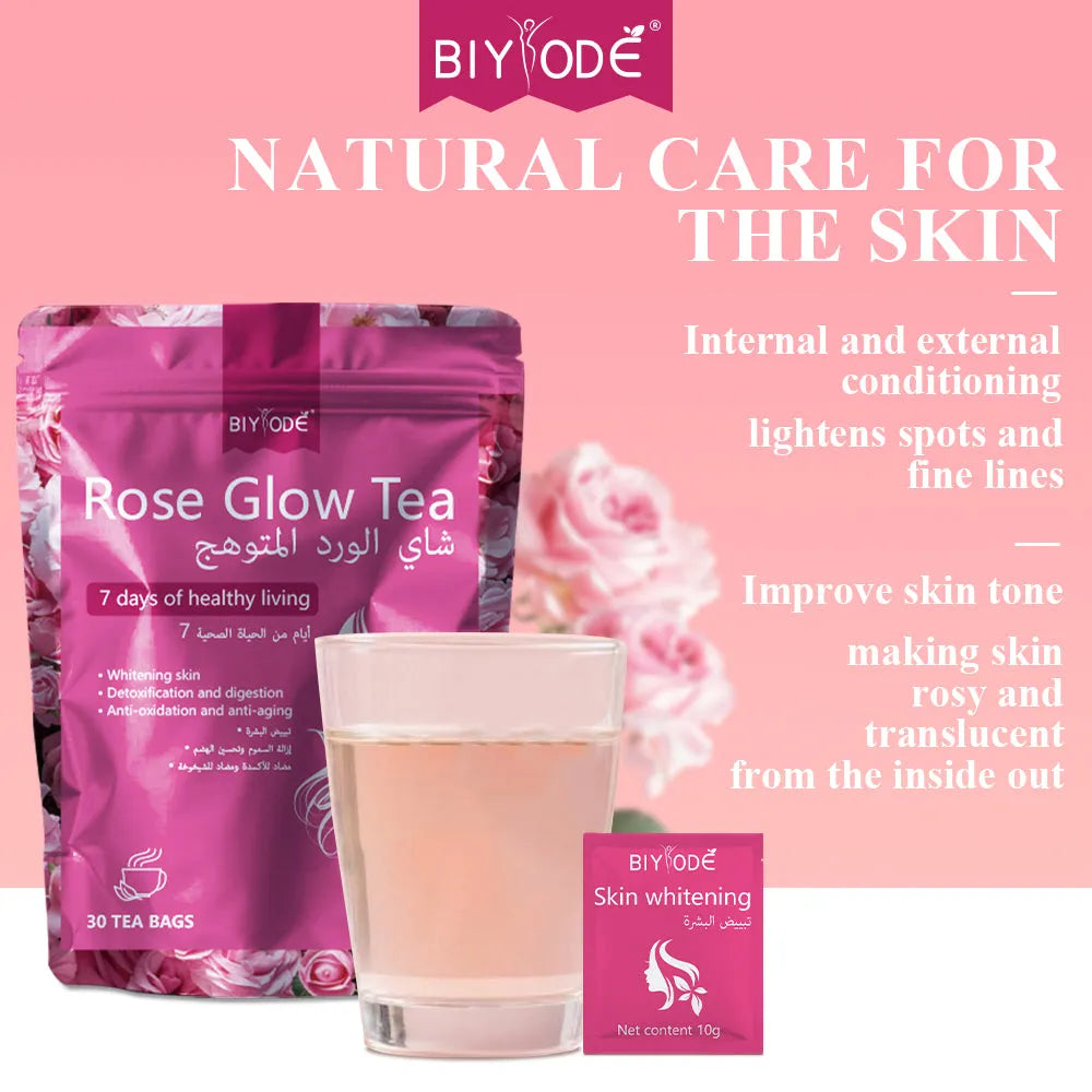 Rose Glow herbal supplement tea bag box with 30 tea bags and chrysanthemum ingredients for skin brightening