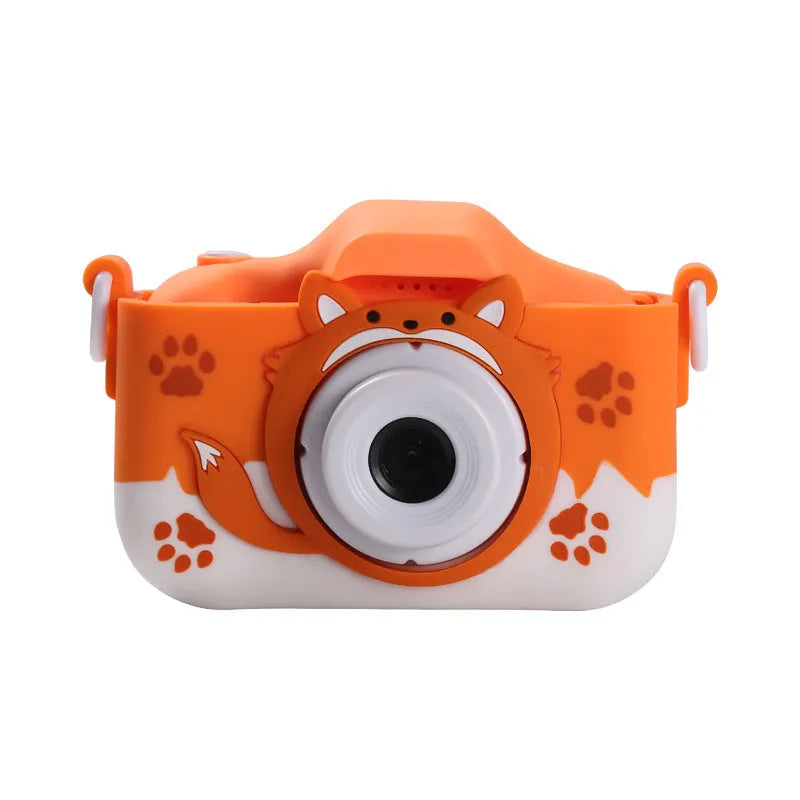 HD Cartoon Children's Digital Camera in blue or orange, showing compact size and included lanyard.
